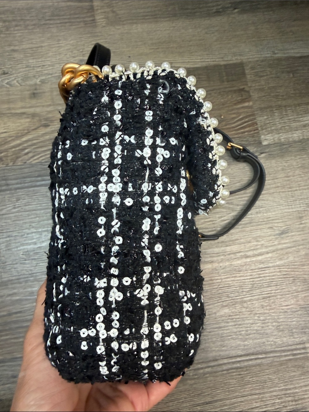 Kurt Geiger Tweed Black White Kensington Sequin Pearl Trim Handbag Purse - Picture 8 of 11